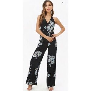 Forever 21 Black Tropical Print Jumpsuit | Wide Leg | Size Small